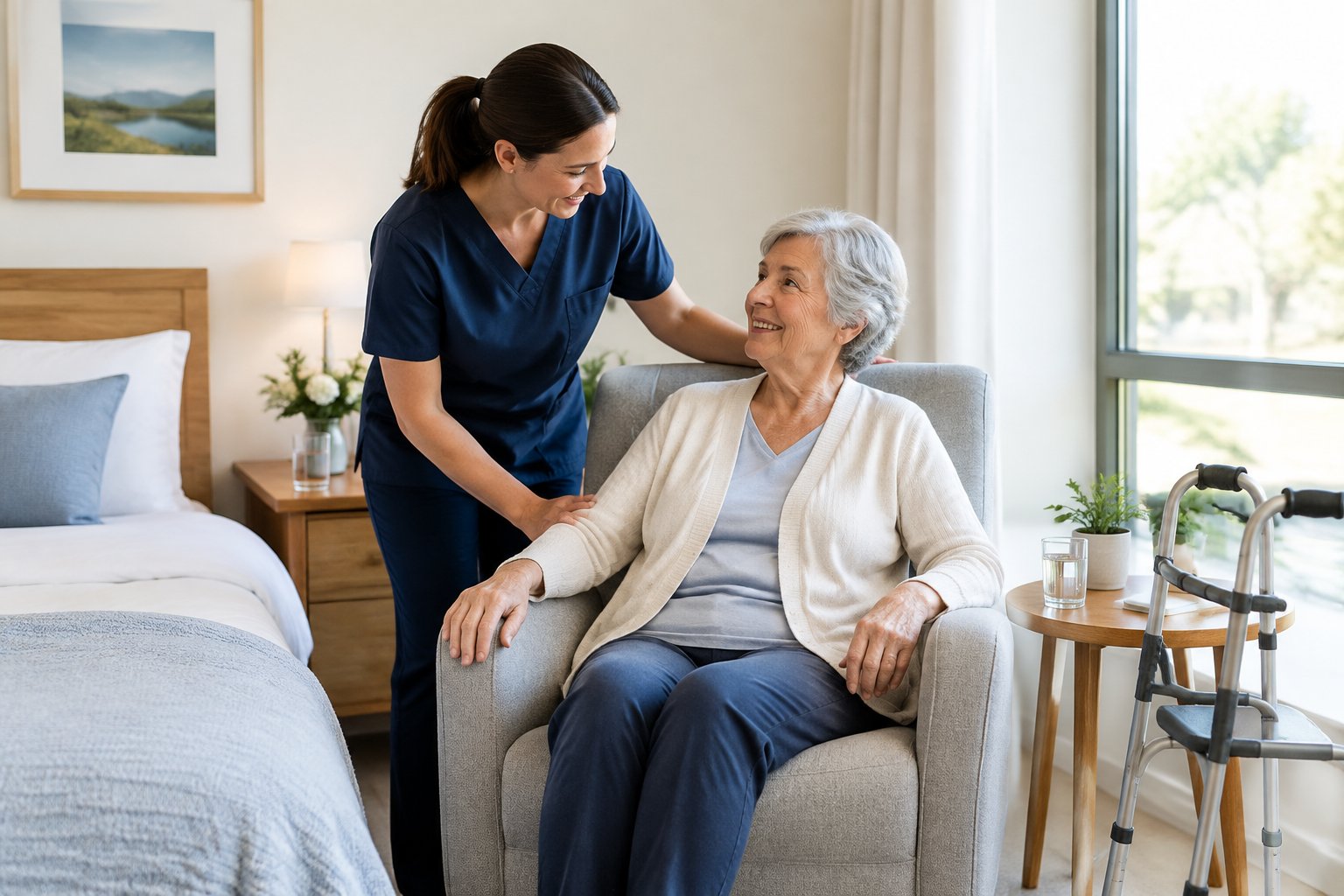 Eine Pflegekraft unterstützt eine ältere Person in einem hellen Pflegezimmer.